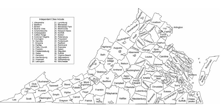 Map of Virginia counties and independent cities